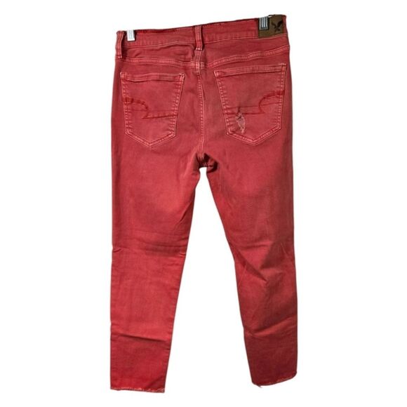 American Eagle Jegging Crop AEO Twill Jeans Mid-Rise Red Denim Raw Edge Women's - Picture 2 of 10